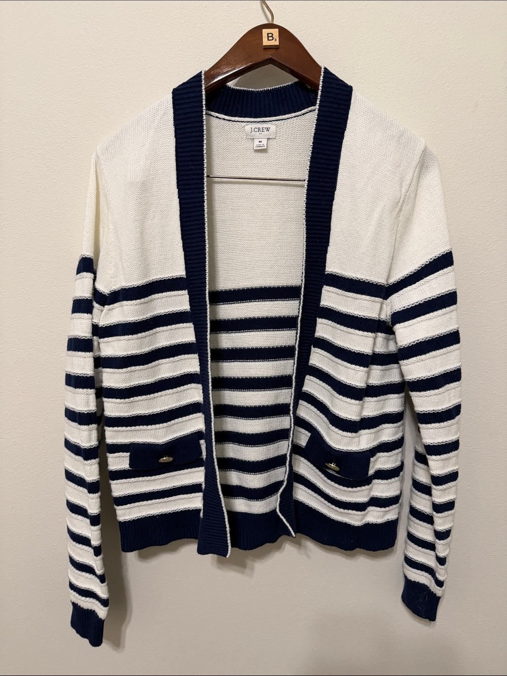 J. Crew Navy & White Striped Open-Front Cardigan - Medium